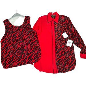 Bob Mackie Womens S 100% Silk Red Zebra Print Tank Button-Up Shirt Set